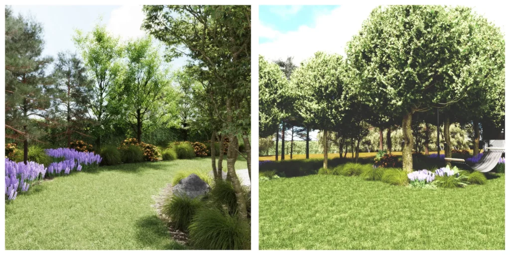 Wizualizacja 3D ogrodu pokazująca jednocześnie kwitnące lawendy i azalie – przykład błędu w doborze gatunków i faz kwitnienia