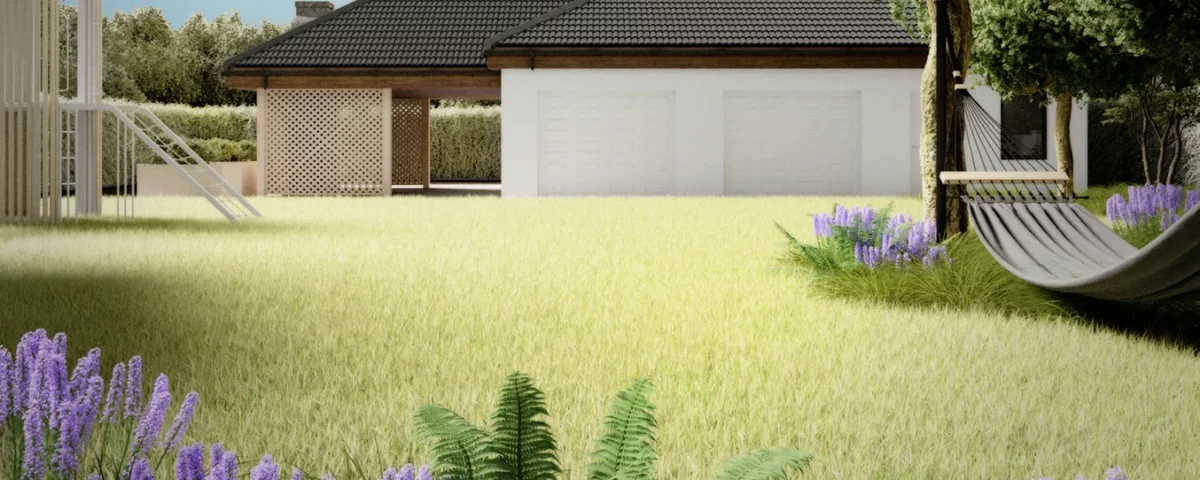 Wizualizacja 3D pokazująca projekt ogrodu z perspektywy oczu człowieka