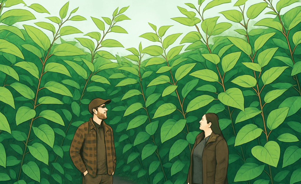 Zarośla rdestowca ostrokończystego przewyższające stojących obok ludzi w lesie – ilustracja pokazująca skalę inwazji tego gatunku w Polsce.