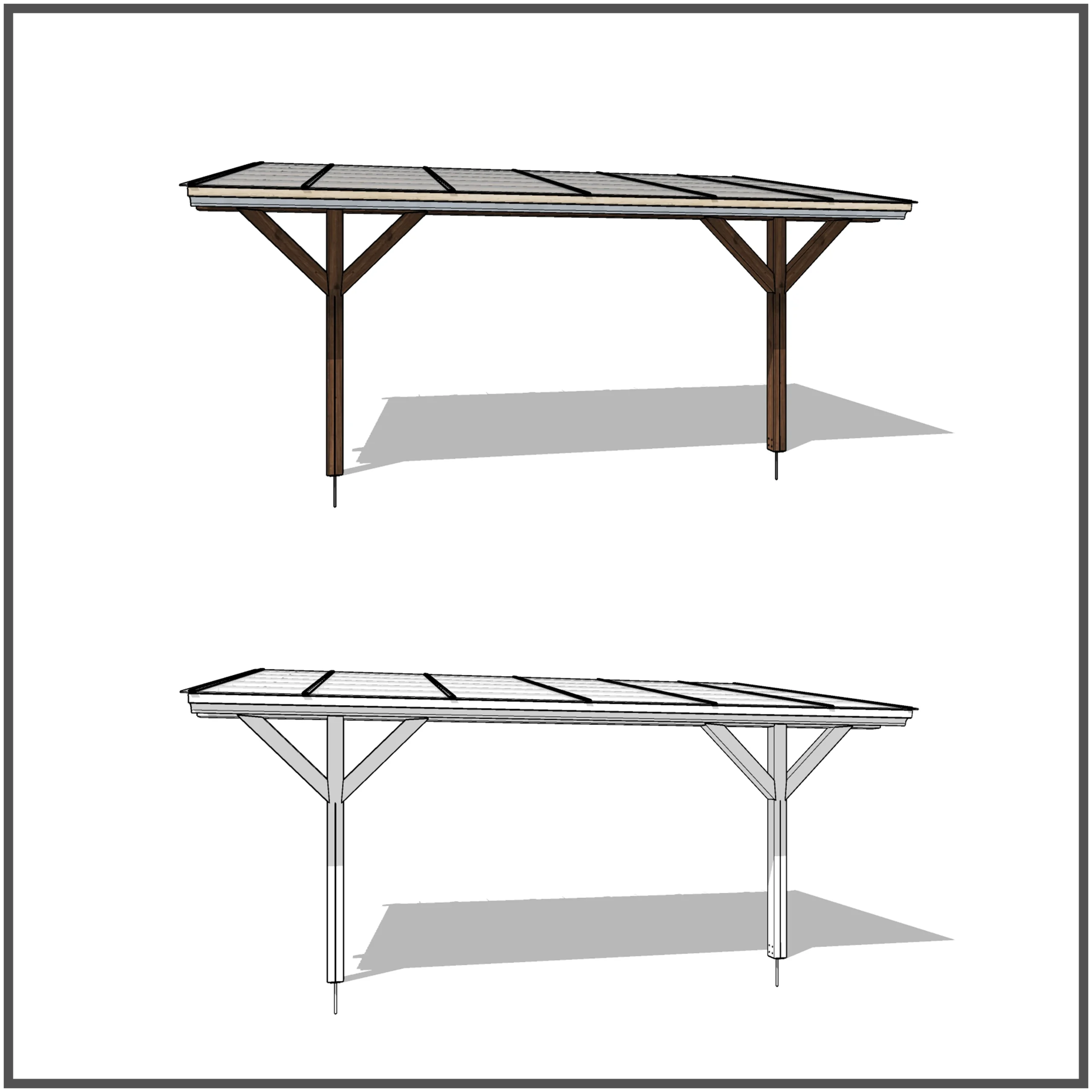 Frontowy widok zadaszenia Classic z drewna przy ścianie domu w stylu tradycyjnym