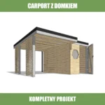 Projekt carportu z domkiem narzędziowym – widok od frontu z zadaszeniem na jedno auto.