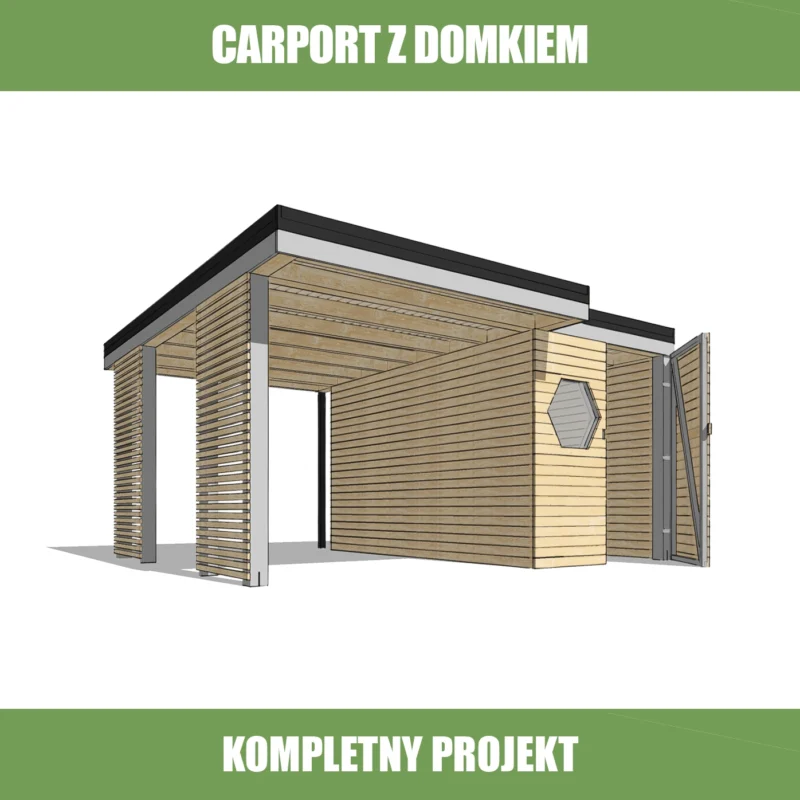 Projekt carportu z domkiem narzędziowym – widok od frontu z zadaszeniem na jedno auto.