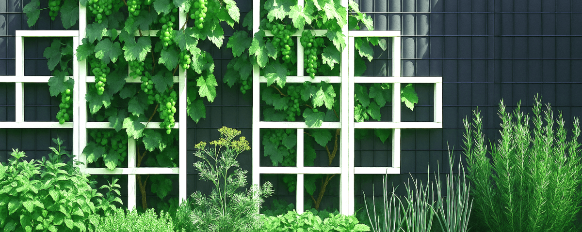 Ogród permakulturowy z winoroślą, miętą, koprem włoskim, estragonem i cebulą przed ciemnym ogrodzeniem