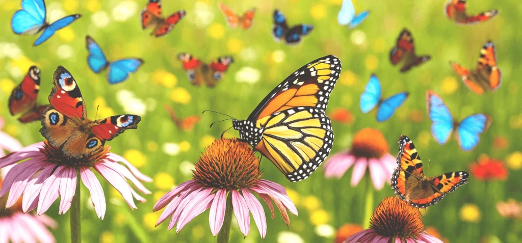 Motyle zbierające nektar z kwiatów jeżówki – przykład dzikich zapylaczy w ogrodzie przyjaznym owadom.