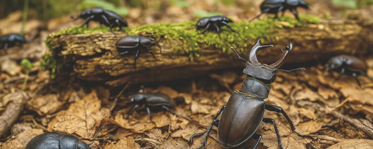 Jelonek rogacz i inne żuki poruszające się po ściółce leśnej wokół mszystego pnia drzewa.