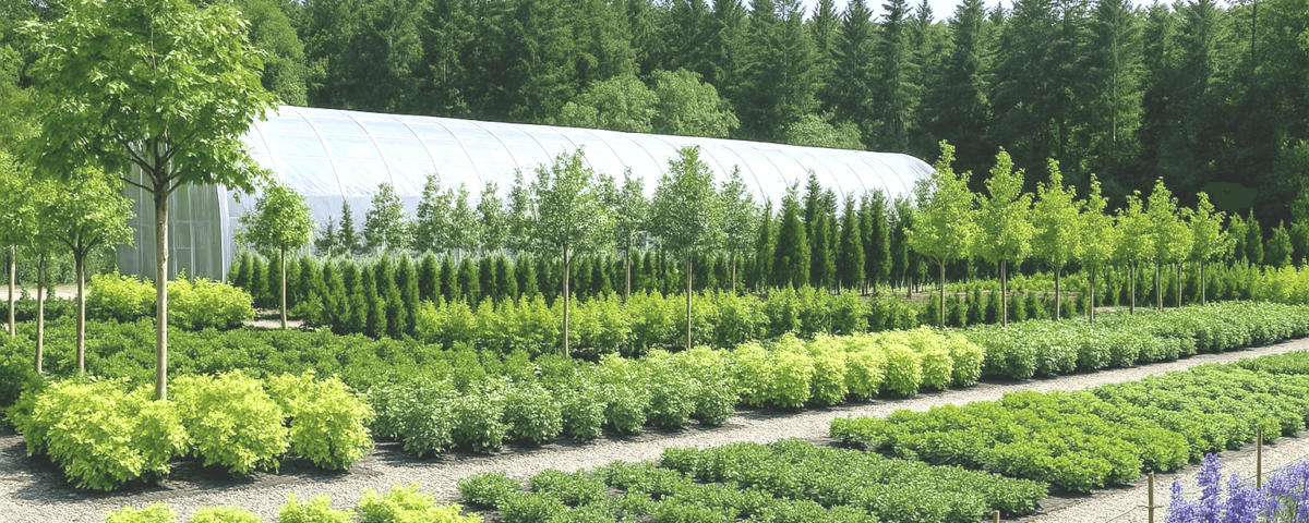 różne rodzaje roślin drzewiastych, krzewów, bylin, jedno i dwuletnich w szkółce roślin