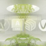 Wyrenderowany krajobraz z bujną roślinnością i logotypami programów SketchUp, AutoCAD, Revit, Vectorworks, 3ds Max, Blender, V-Ray – narzędzia dla architektów krajobrazu.