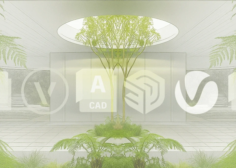 Wyrenderowany krajobraz z bujną roślinnością i logotypami programów SketchUp, AutoCAD, Revit, Vectorworks, 3ds Max, Blender, V-Ray – narzędzia dla architektów krajobrazu.