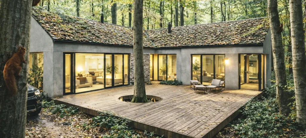 Krajobraz ogrodu z domem oparty na naturalnych ekosystemach samoregulujących się