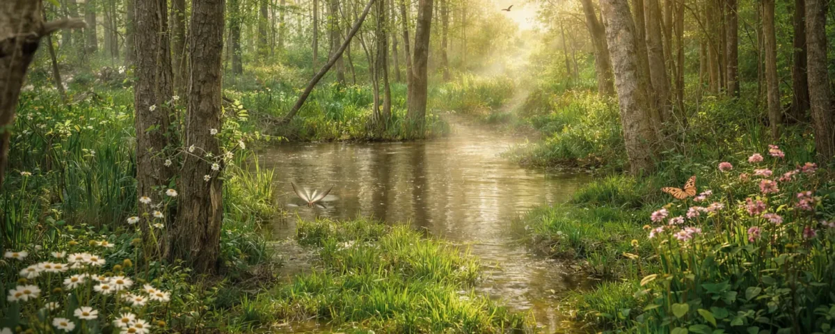 Spokojny krajobraz ogrodu z zielenią i roślinami sprzyjający relaksowi i regeneracji organizmu.