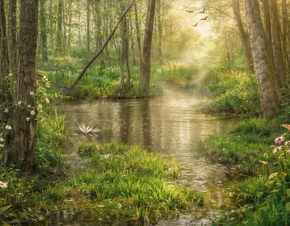 Spokojny krajobraz ogrodu z zielenią i roślinami sprzyjający relaksowi i regeneracji organizmu.