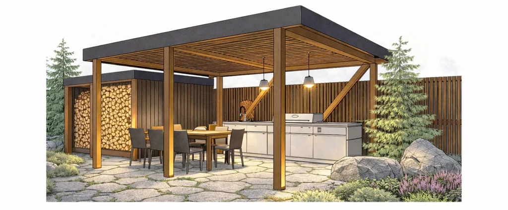 Ogrodowa kuchnia zewnętrzna z zadaszeniem i pełnym wyposażeniem.