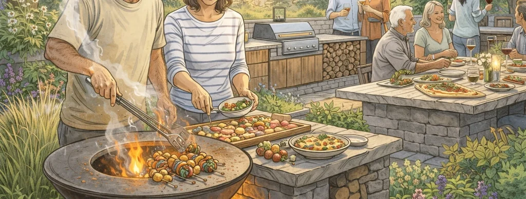 Wspólne świętowanie w ogrodzie z zastosowaniem kuchni ogrodowej.