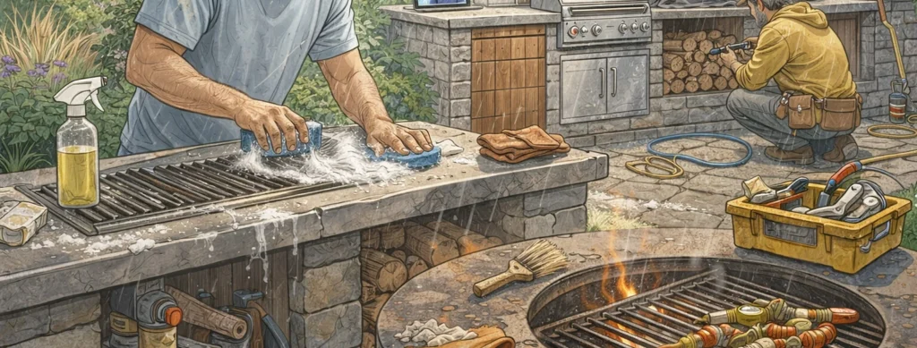 Czyszczenie kuchni zewnętrznej to standardowy zabieg w celu utrzymania czystości.