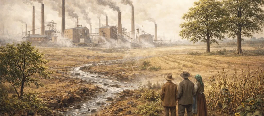 Krajobraz przemysłowy pokazujący zmiany środowiska po rewolucji przemysłowej i oddalenie człowieka od natury.