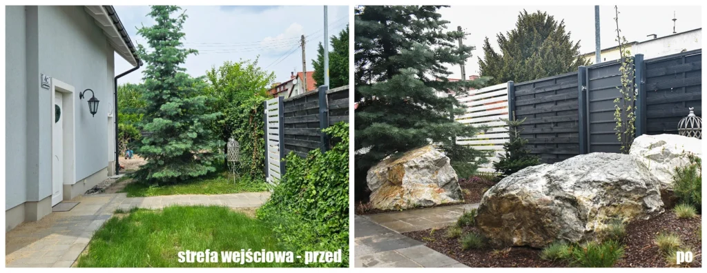 Strefa wejściowa ogrodu przydomowego we Wrocławiu przed i po realizacji – porównanie metamorfozy przestrzeni